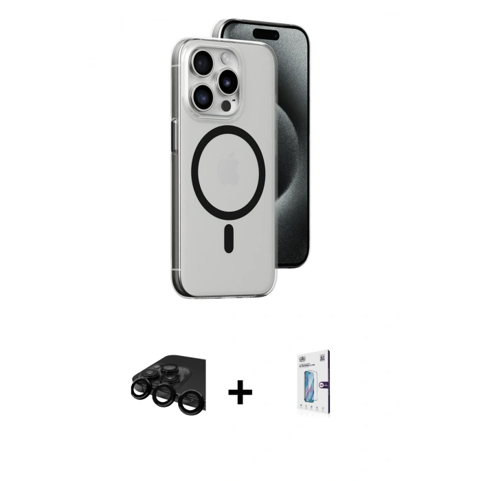 ieg™ iPhone 15 Pro Max Kılıf Odak Form Özel Seri - Siyah Bilvis 0.18mm Plus Cam Ekran Koruyucu + Siyah Raze Metal Kamera Lens