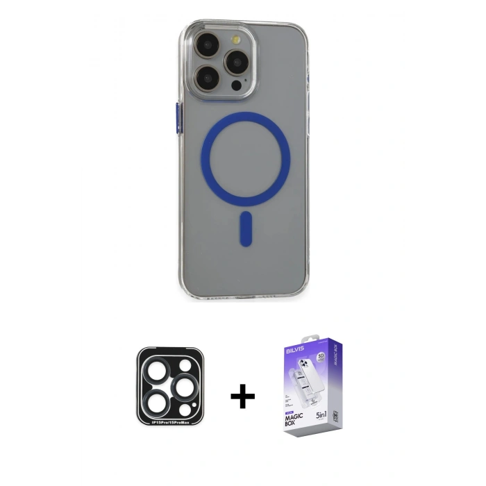 ieg™ iPhone 15 Pro Max Kılıf Odak Form Özel Seri - Siyah Bilvis 5in1 3D Magic Cam Ekran Koruyucu + Lacivert PVD Metal Kamera Lens