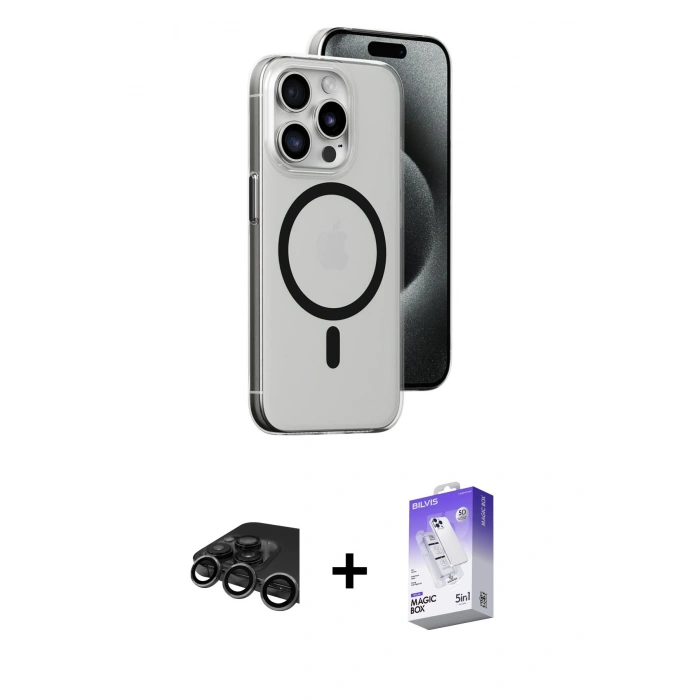 ieg™ iPhone 15 Pro Max Kılıf Odak Form Özel Seri - Siyah Bilvis 5in1 3D Magic Cam Ekran Koruyucu + Titanyum Gri Raze Metal Kamera Lens