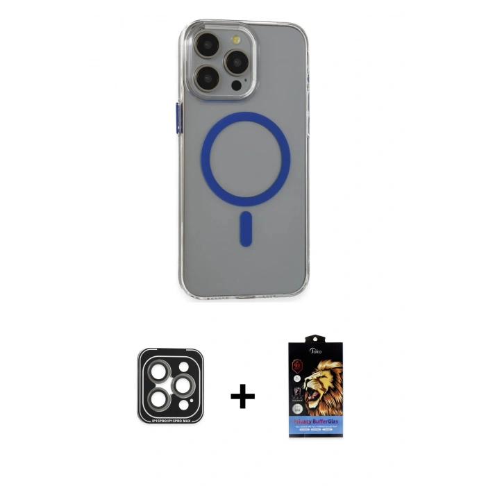 ieg™ iPhone 15 Pro Max Kılıf Odak Form Özel Seri - Siyah Buffer Hayalet Cam Ekran Koruyucu + Gri PVD Metal Kamera Lens