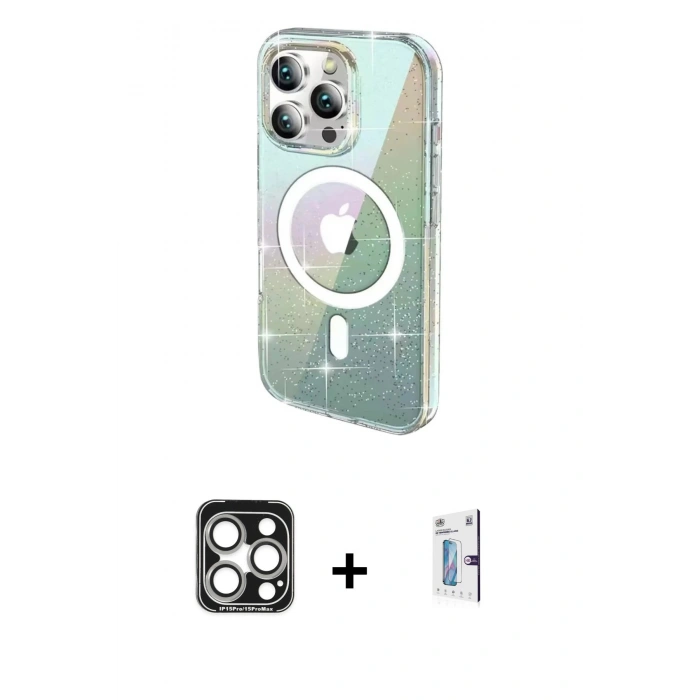 ieg™ iPhone 15 Pro Max Kılıf Odak Modern Serisi - Siyah Bilvis 0.18mm Plus Cam Ekran Koruyucu + Gümüş PVD Metal Kamera Lens