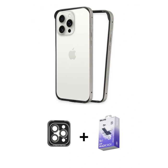ieg™ iPhone 15 Pro Max Kılıf Pusula Asil Koleksiyonu - Siyah Bilvis 5in1 5D Magic Hayalet Cam Ekran Koruyucu + Gri PVD Metal Kamera Lens