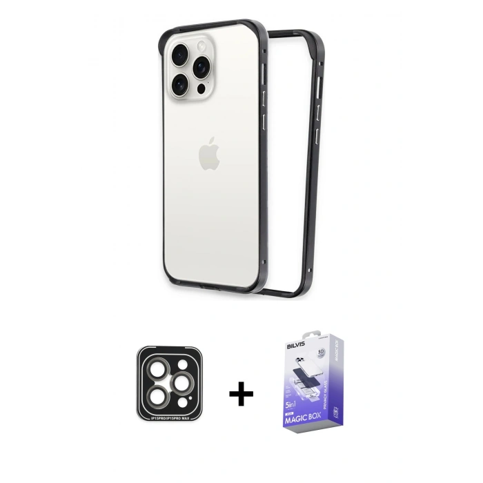 ieg™ iPhone 15 Pro Max Kılıf Pusula Asil Koleksiyonu - Siyah Bilvis 5in1 5D Magic Hayalet Cam Ekran Koruyucu + Gri PVD Metal Kamera Lens