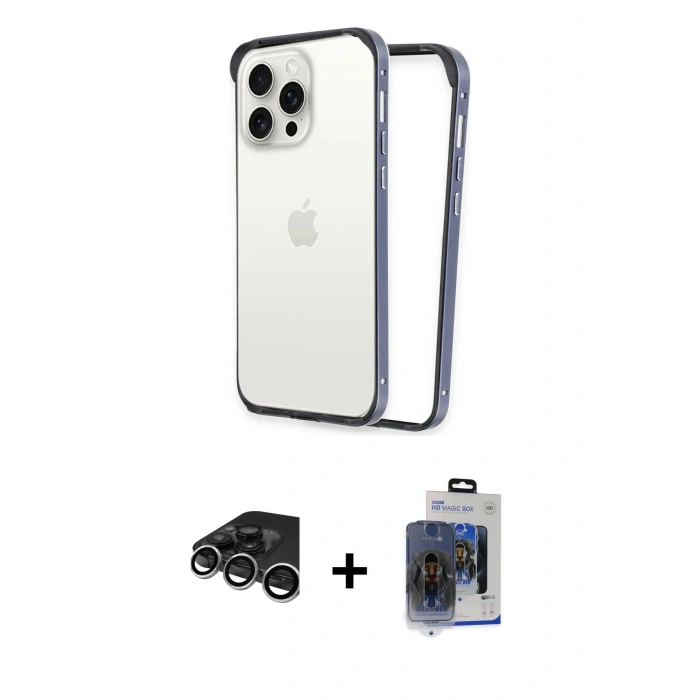 ieg™ iPhone 15 Pro Max Kılıf Pusula Asil Koleksiyonu - Siyah Vanessa Magic Cam + Gümüş Raze Metal Kamera Lens