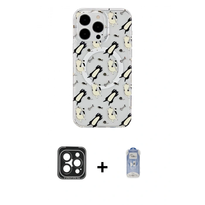 ieg™ iPhone 15 Pro Max Kılıf Pusula Form - Siyah Joko Magic 5D Cam + Siyah PVD Metal Kamera Lens
