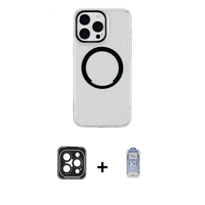ieg™ iPhone 15 Pro Max Kılıf Pusula Form - Siyah Joko Magic 5D Cam + Siyah PVD Metal Kamera Lens