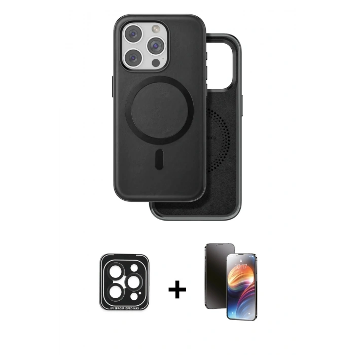ieg™ iPhone 15 Pro Max Kılıf Pusula Işık Koleksiyonu - Siyah 3D Antistatik Mat Seramik Nano Ekran Koruyucu + Siyah PVD Metal Kamera Lens