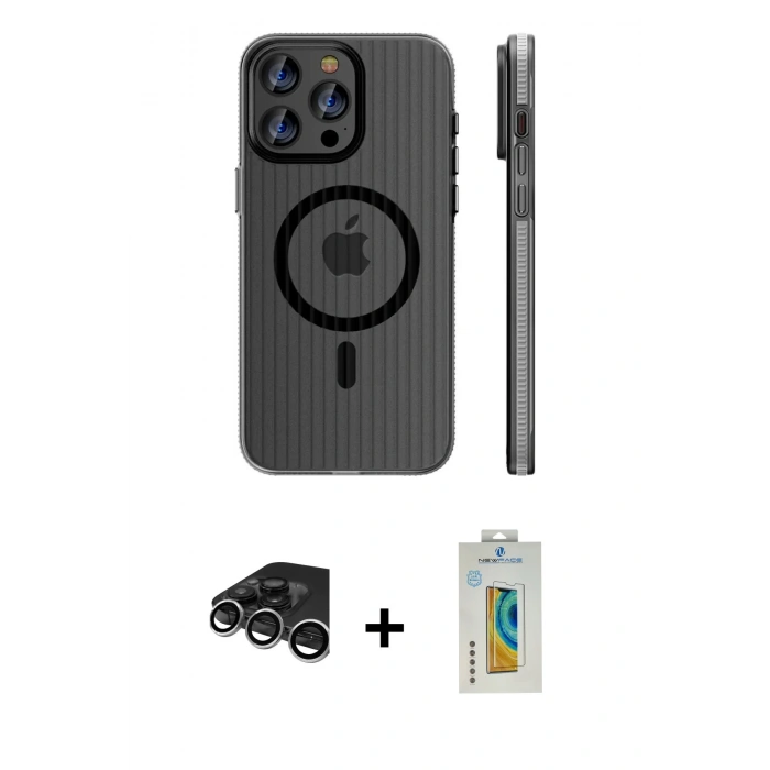 ieg™ iPhone 15 Pro Max Kılıf Pusula Minimal Koleksiyonu - Siyah Polymer Nano Ekran Koruyucu + Gümüş Raze Metal Kamera Lens