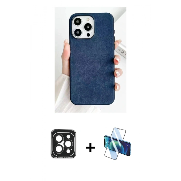 ieg™ iPhone 15 Pro Max Kılıf Pusula Modern - Siyah 3D Antistatik Seramik Nano Ekran Koruyucu + Siyah PVD Metal Kamera Lens