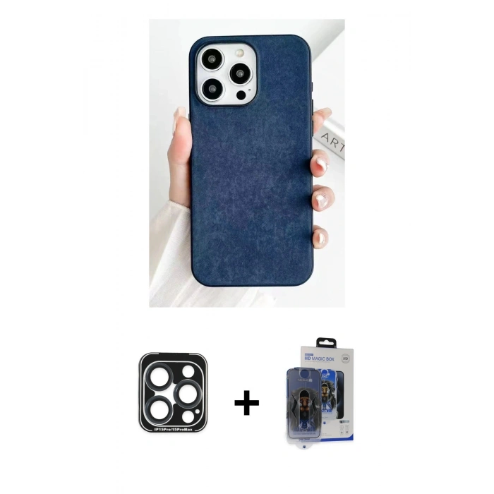 ieg™ iPhone 15 Pro Max Kılıf Pusula Modern - Siyah Vanessa Magic Cam + Lacivert PVD Metal Kamera Lens
