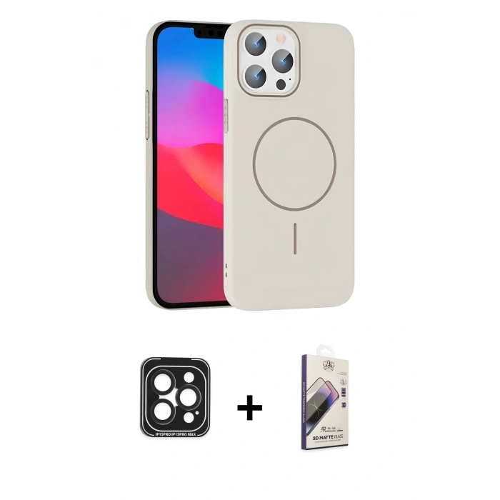 ieg™ iPhone 15 Pro Max Kılıf Siluet Doku Özel Seri - Siyah Bilvis 3D Mat Cam Ekran Koruyucu + Siyah PVD Metal Kamera Lens