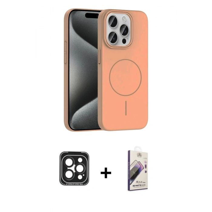ieg™ iPhone 15 Pro Max Kılıf Siluet Doku Özel Seri - Siyah Bilvis 3D Mat Cam Ekran Koruyucu + Siyah PVD Metal Kamera Lens