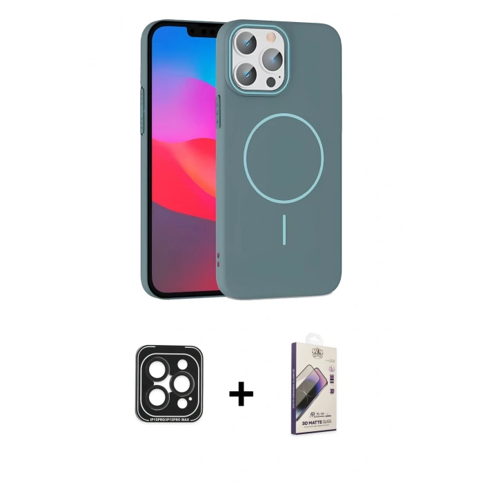 ieg™ iPhone 15 Pro Max Kılıf Siluet Doku Özel Seri - Siyah Bilvis 3D Mat Cam Ekran Koruyucu + Siyah PVD Metal Kamera Lens