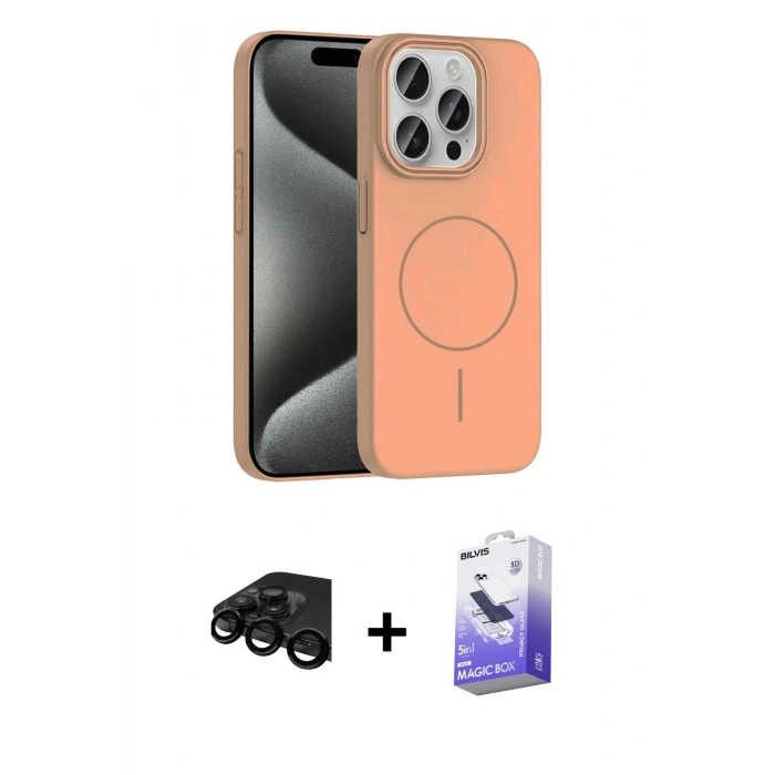 ieg™ iPhone 15 Pro Max Kılıf Siluet Doku Özel Seri - Siyah Bilvis 5in1 5D Magic Hayalet Cam Ekran Koruyucu + Siyah Raze Metal Kamera Lens