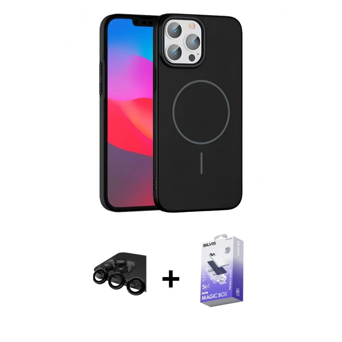ieg™ iPhone 15 Pro Max Kılıf Siluet Doku Özel Seri - Siyah Bilvis 5in1 5D Magic Hayalet Cam Ekran Koruyucu + Siyah Raze Metal Kamera Lens
