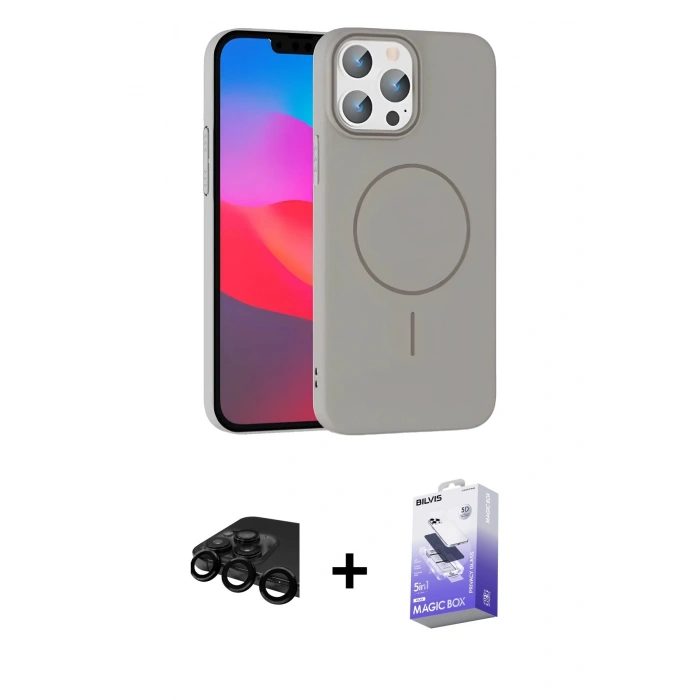 ieg™ iPhone 15 Pro Max Kılıf Siluet Doku Özel Seri - Siyah Bilvis 5in1 5D Magic Hayalet Cam Ekran Koruyucu + Siyah Raze Metal Kamera Lens