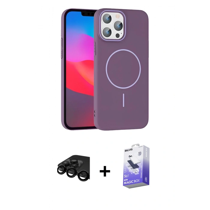ieg™ iPhone 15 Pro Max Kılıf Siluet Doku Özel Seri - Siyah Bilvis 5in1 5D Magic Hayalet Cam Ekran Koruyucu + Siyah Raze Metal Kamera Lens