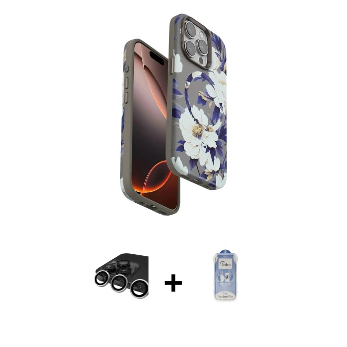 ieg™ iPhone 15 Pro Max Kılıf Siluet Doku - Siyah Joko Magic 5D Cam + Gümüş Raze Metal Kamera Lens