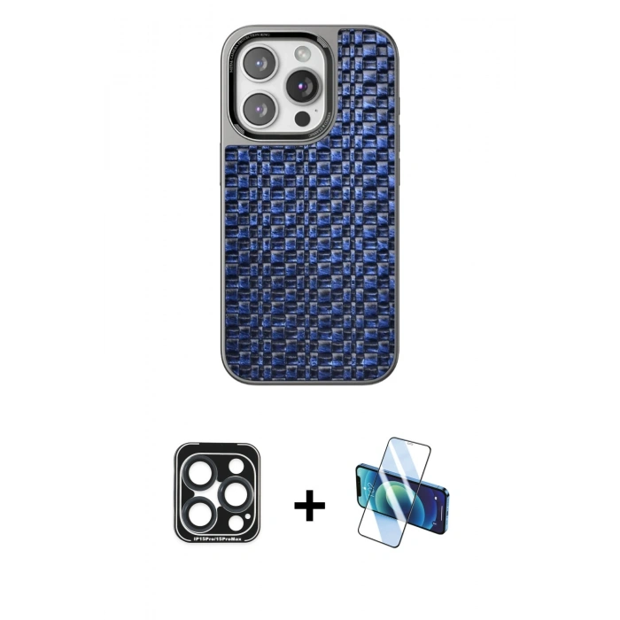 ieg™ iPhone 15 Pro Max Kılıf Siluet Form Serisi - Siyah 3D Antistatik Seramik Nano Ekran Koruyucu + Lacivert PVD Metal Kamera Lens