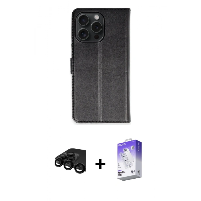 ieg™ iPhone 15 Pro Max Kılıf Siluet Işık Serisi - Siyah Bilvis 5in1 3D Magic Cam Ekran Koruyucu + Siyah Raze Metal Kamera Lens