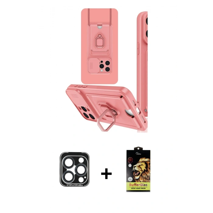 ieg™ iPhone 15 Pro Max Kılıf Vadi Form Prime - Siyah Buffer Cam Ekran Koruyucu + Lacivert PVD Metal Kamera Lens
