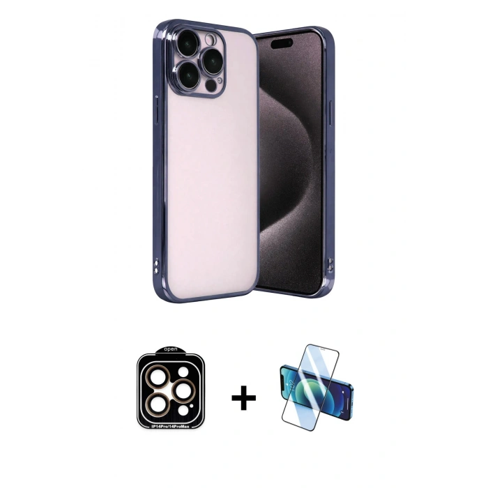 ieg™ iPhone 15 Pro Max Kılıf Vadi Minimal - Siyah 3D Antistatik Seramik Nano Ekran Koruyucu + Turuncu PVD Metal Kamera Lens