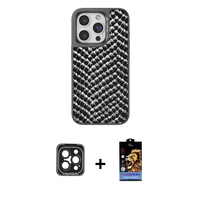 ieg™ iPhone 15 Pro Max Kılıf Vadi Özel Seri - Siyah Buffer Hayalet Cam Ekran Koruyucu + Siyah PVD Metal Kamera Lens