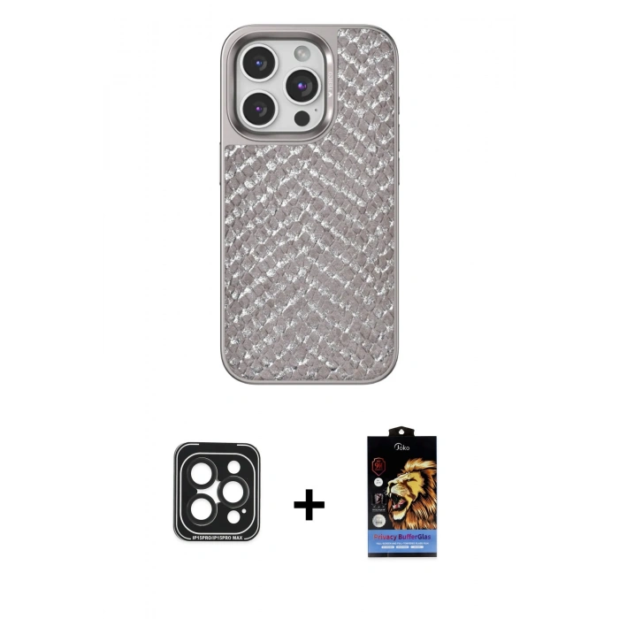 ieg™ iPhone 15 Pro Max Kılıf Vadi Özel Seri - Siyah Buffer Hayalet Cam Ekran Koruyucu + Siyah PVD Metal Kamera Lens