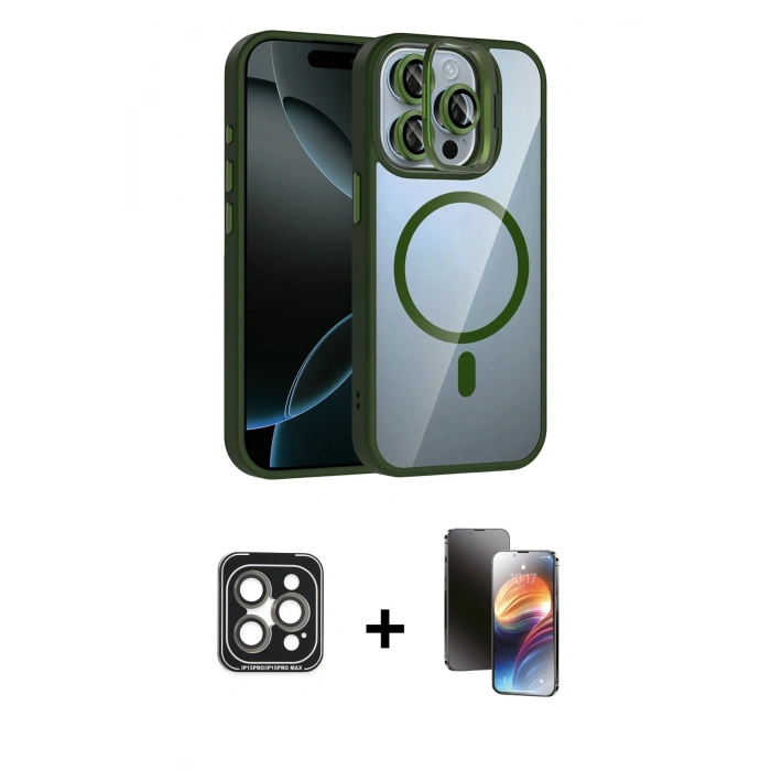 ieg™ iPhone 15 Pro Max Kılıf Yadigar Asil Koleksiyonu - Siyah 3D Antistatik Mat Seramik Nano Ekran Koruyucu + Gri PVD Metal Kamera Lens