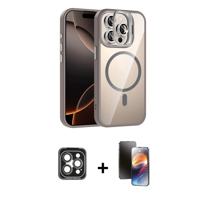 ieg™ iPhone 15 Pro Max Kılıf Yadigar Asil Koleksiyonu - Siyah 3D Antistatik Mat Seramik Nano Ekran Koruyucu + Gri PVD Metal Kamera Lens