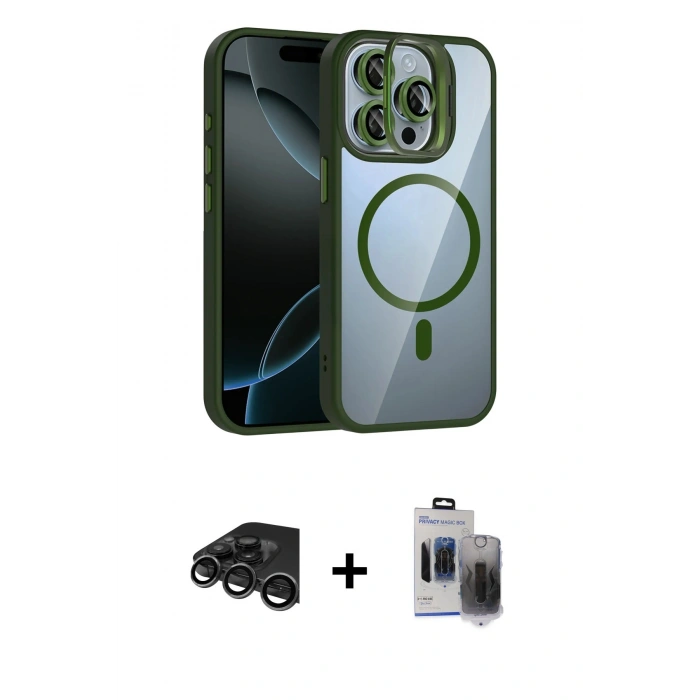 ieg™ iPhone 15 Pro Max Kılıf Yadigar Asil Koleksiyonu - Siyah Vanessa Magic Hayalet Cam + Titanyum Gri Raze Metal Kamera Lens