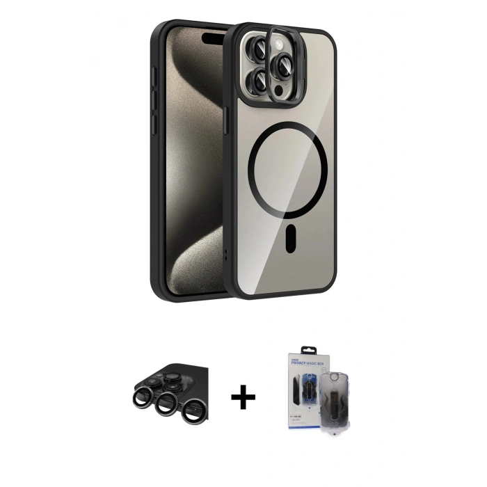 ieg™ iPhone 15 Pro Max Kılıf Yadigar Asil Koleksiyonu - Siyah Vanessa Magic Hayalet Cam + Titanyum Gri Raze Metal Kamera Lens