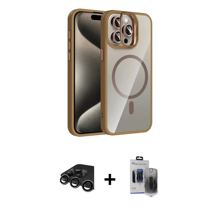 ieg™ iPhone 15 Pro Max Kılıf Yadigar Asil Koleksiyonu - Siyah Vanessa Magic Hayalet Cam + Titanyum Gri Raze Metal Kamera Lens