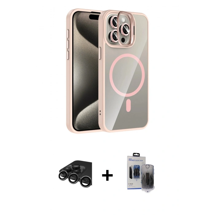 ieg™ iPhone 15 Pro Max Kılıf Yadigar Asil Koleksiyonu - Siyah Vanessa Magic Hayalet Cam + Titanyum Gri Raze Metal Kamera Lens