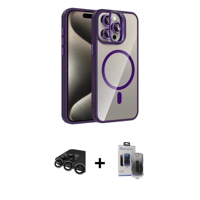 ieg™ iPhone 15 Pro Max Kılıf Yadigar Asil Koleksiyonu - Siyah Vanessa Magic Hayalet Cam + Titanyum Gri Raze Metal Kamera Lens