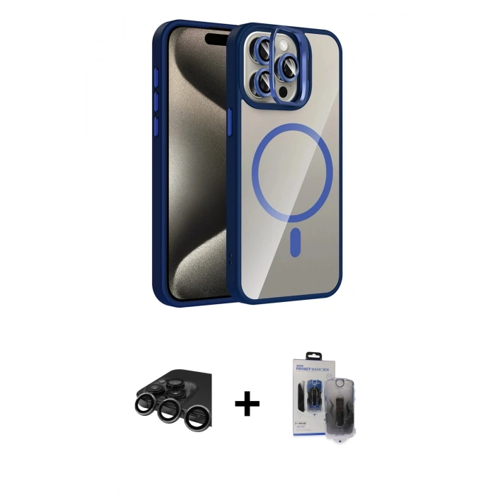 ieg™ iPhone 15 Pro Max Kılıf Yadigar Asil Koleksiyonu - Siyah Vanessa Magic Hayalet Cam + Titanyum Gri Raze Metal Kamera Lens
