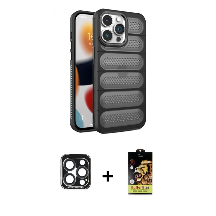 ieg™ iPhone 15 Pro Max Kılıf Yadigar Doku Özel Seri - Siyah Buffer Cam Ekran Koruyucu + Lacivert PVD Metal Kamera Lens