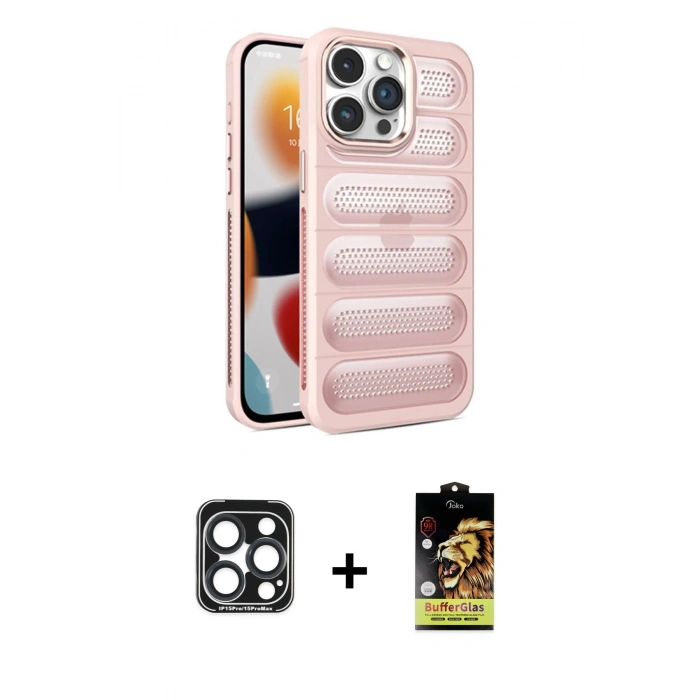 ieg™ iPhone 15 Pro Max Kılıf Yadigar Doku Özel Seri - Siyah Buffer Cam Ekran Koruyucu + Lacivert PVD Metal Kamera Lens