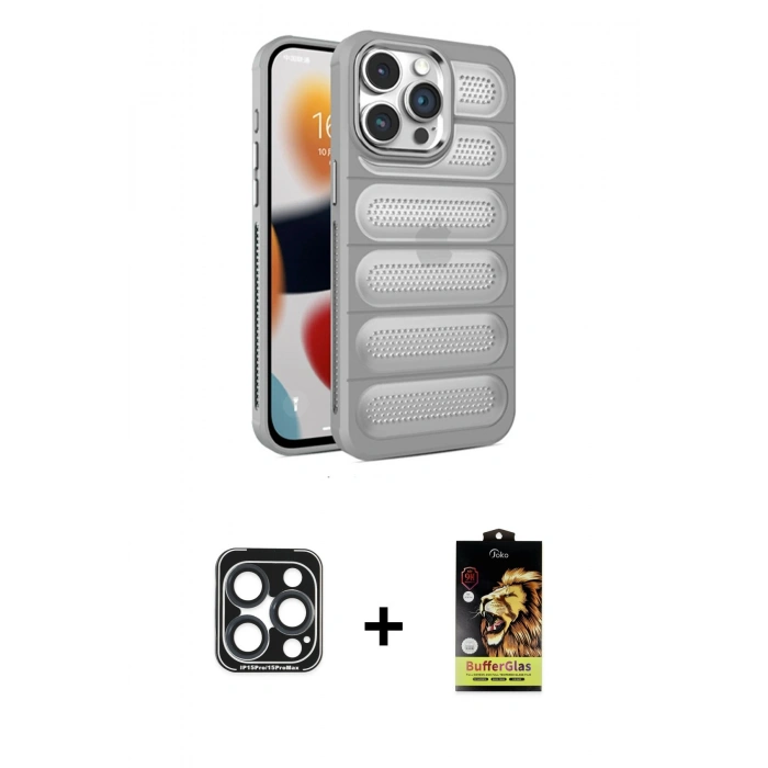 ieg™ iPhone 15 Pro Max Kılıf Yadigar Doku Özel Seri - Siyah Buffer Cam Ekran Koruyucu + Lacivert PVD Metal Kamera Lens