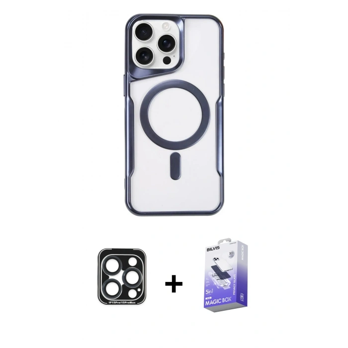 ieg™ iPhone 15 Pro Max Kılıf Yadigar Klasik Özel Seri - Siyah Bilvis 5in1 5D Magic Hayalet Cam Ekran Koruyucu + Lacivert PVD Metal Kamera Lens