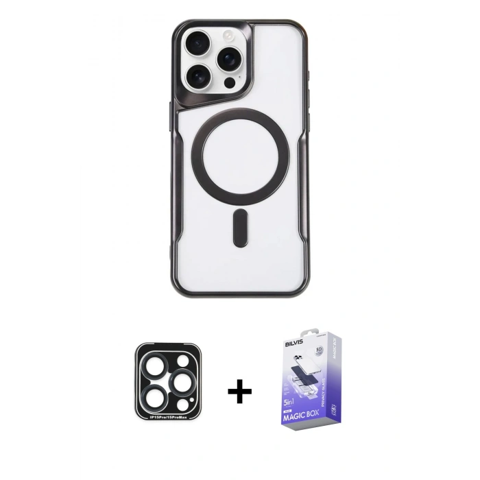 ieg™ iPhone 15 Pro Max Kılıf Yadigar Klasik Özel Seri - Siyah Bilvis 5in1 5D Magic Hayalet Cam Ekran Koruyucu + Lacivert PVD Metal Kamera Lens