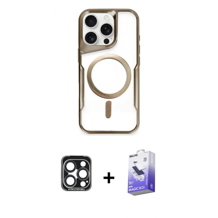 ieg™ iPhone 15 Pro Max Kılıf Yadigar Klasik Özel Seri - Siyah Bilvis 5in1 5D Magic Hayalet Cam Ekran Koruyucu + Lacivert PVD Metal Kamera Lens