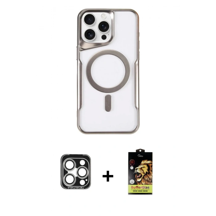ieg™ iPhone 15 Pro Max Kılıf Yadigar Klasik Özel Seri - Siyah Buffer Cam Ekran Koruyucu + Gümüş PVD Metal Kamera Lens