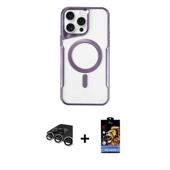 ieg™ iPhone 15 Pro Max Kılıf Yadigar Klasik Özel Seri - Siyah Buffer Hayalet Cam Ekran Koruyucu + Gümüş Raze Metal Kamera Lens