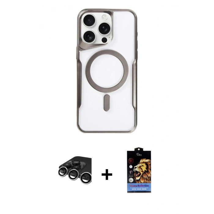 ieg™ iPhone 15 Pro Max Kılıf Yadigar Klasik Özel Seri - Siyah Buffer Hayalet Cam Ekran Koruyucu + Gümüş Raze Metal Kamera Lens