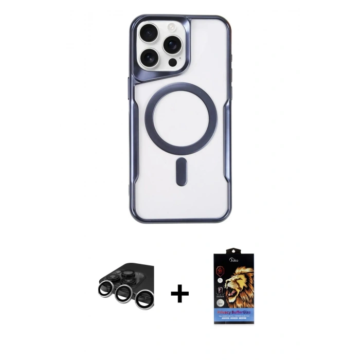 ieg™ iPhone 15 Pro Max Kılıf Yadigar Klasik Özel Seri - Siyah Buffer Hayalet Cam Ekran Koruyucu + Gümüş Raze Metal Kamera Lens