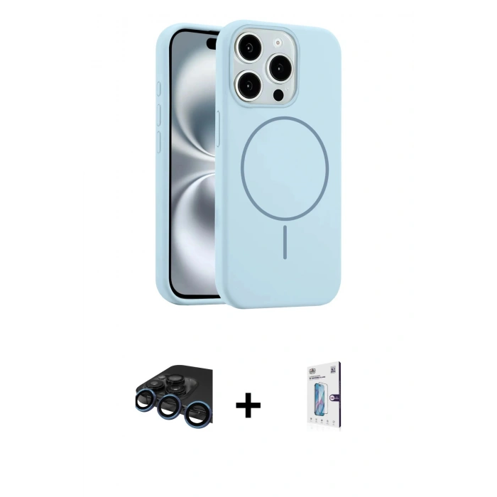 ieg™ iPhone 15 Pro Max Kılıf Yankı Form Serisi - Siyah Bilvis 0.18mm Plus Cam Ekran Koruyucu + Lacivert Raze Metal Kamera Lens