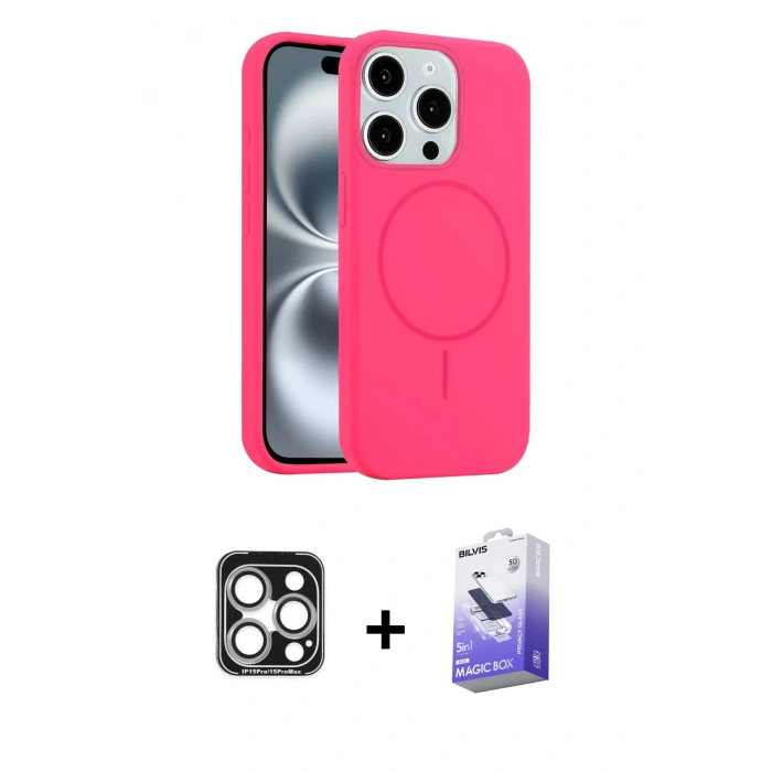 MARSİLYAN™- iPhone 15 Pro Max Kılıf Yankı Form Serisi - Siyah Bilvis 5in1 5D Magic Hayalet Cam Ekran Koruyucu + PVD Metal Kamera Lens - GS