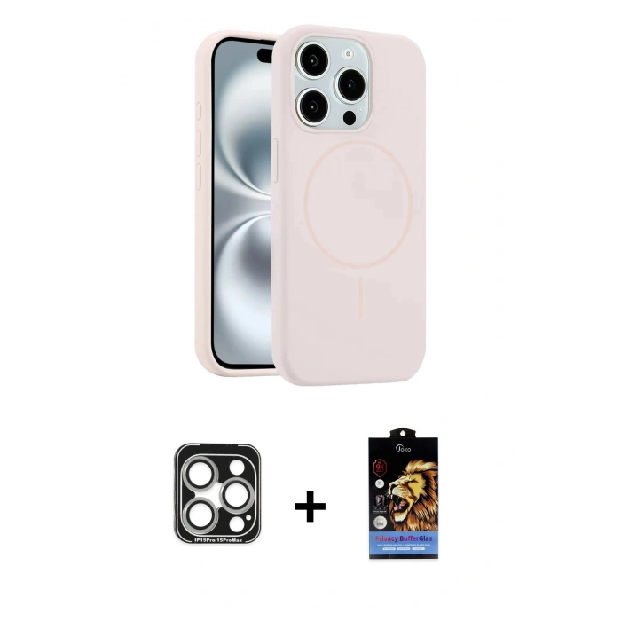 ieg™ iPhone 15 Pro Max Kılıf Yankı Form Serisi - Siyah Buffer Hayalet Cam Ekran Koruyucu + Gümüş PVD Metal Kamera Lens