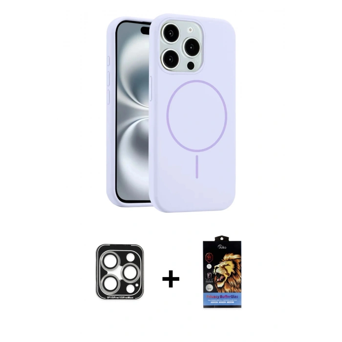 ieg™ iPhone 15 Pro Max Kılıf Yankı Form Serisi - Siyah Buffer Hayalet Cam Ekran Koruyucu + Gümüş PVD Metal Kamera Lens